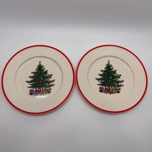 Vtg 80s Taylor Smith & Taylor 2 Dinner Plates 10" Holly & Spruce Christmas Tree